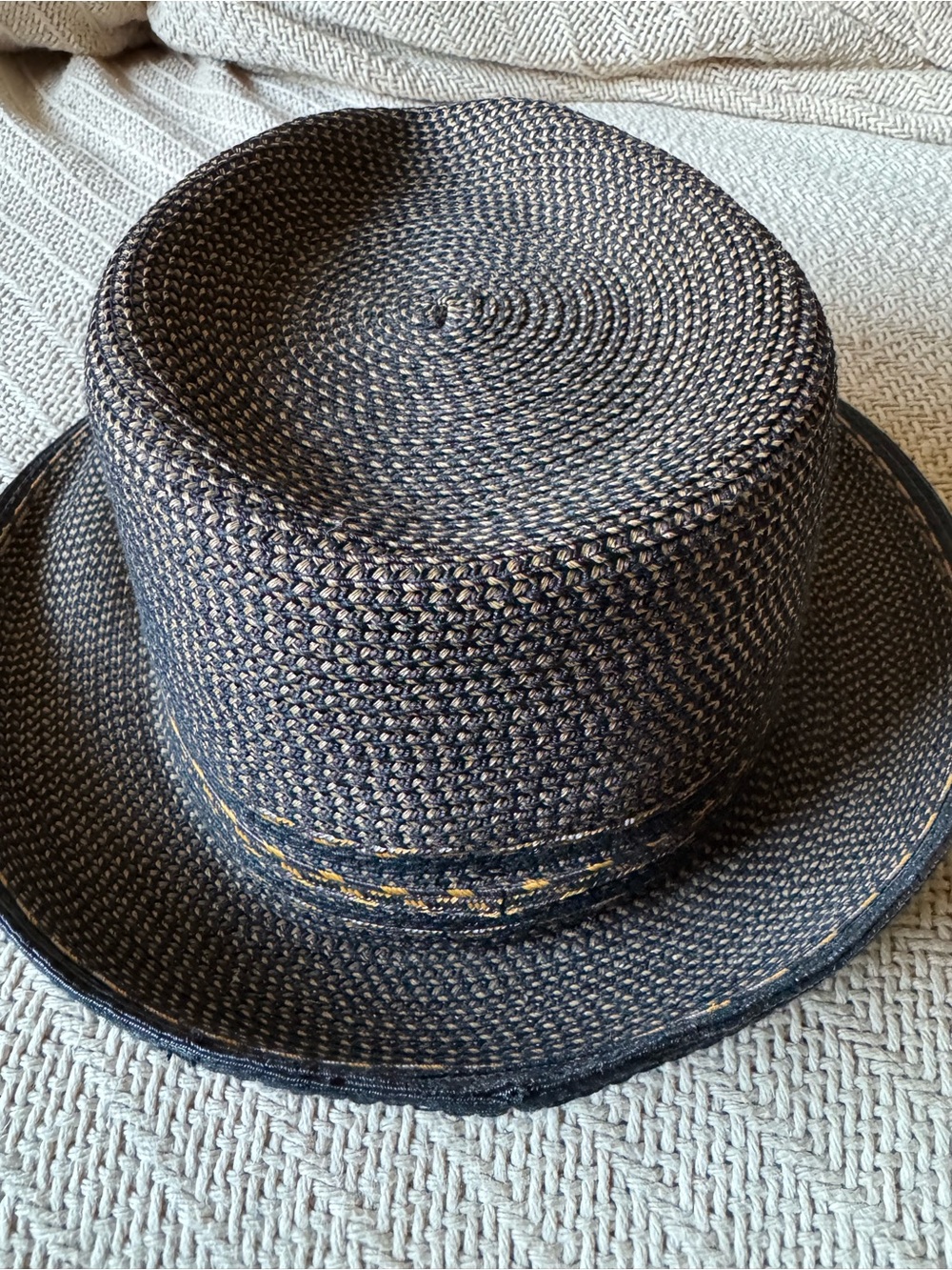 Eric Javits Black Woven Straw Fedora Hat, black with gold - Picture 4 of 8